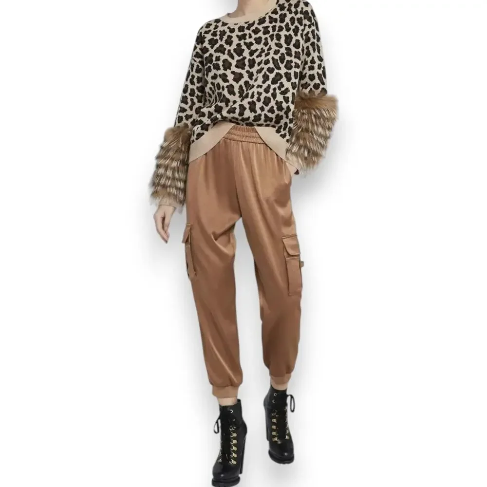 Alice + Olivia XS Sheila Fox Fur‎ Statement Sleeve Sweater Leopard Print Wool